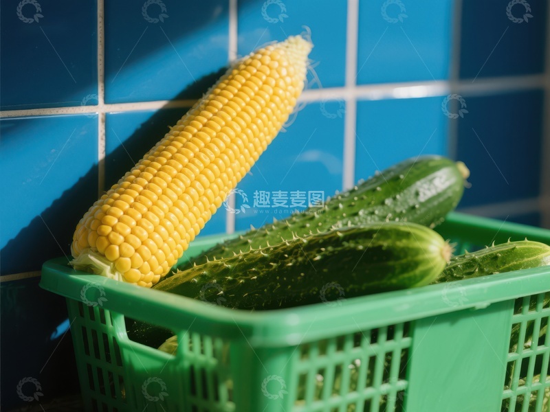 高清大图下载【趣麦麦图】玉米与黄瓜置于篮中