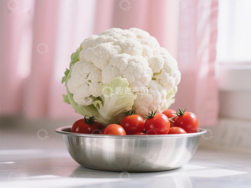 高清大图下载【趣麦麦图】新鲜花椰菜与樱桃番茄置于金属碗中