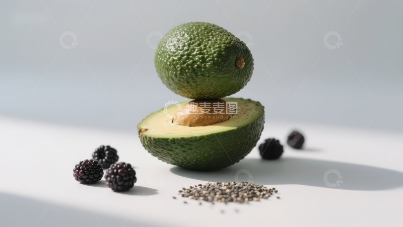 高清大图下载【趣麦麦图】叠放的牛油果与黑莓、奇亚籽