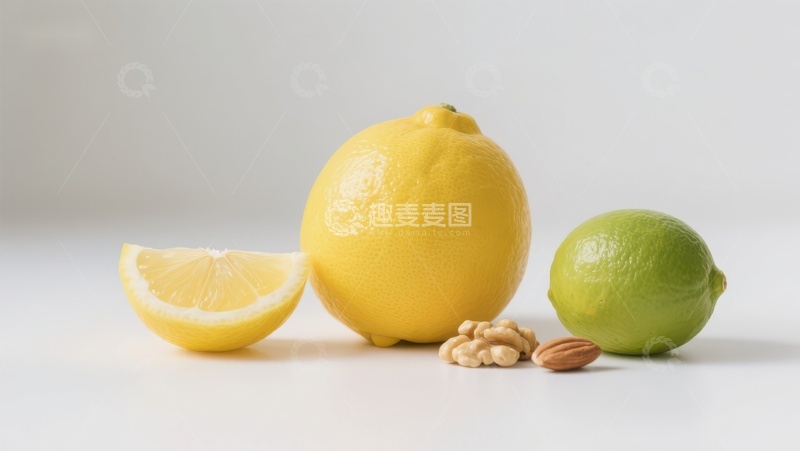 高清大图下载【趣麦麦图】柠檬、青柠与坚果的静物组合