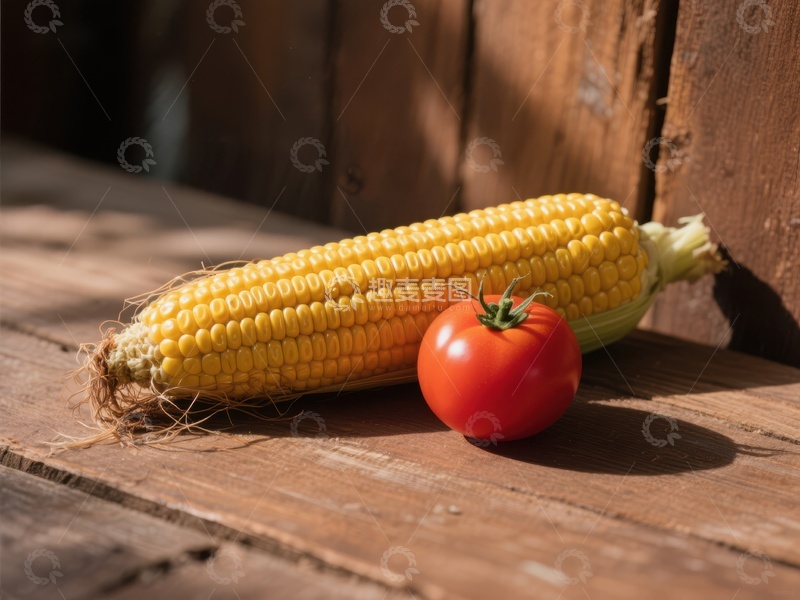 高清大图下载【趣麦麦图】玉米与番茄静置木桌