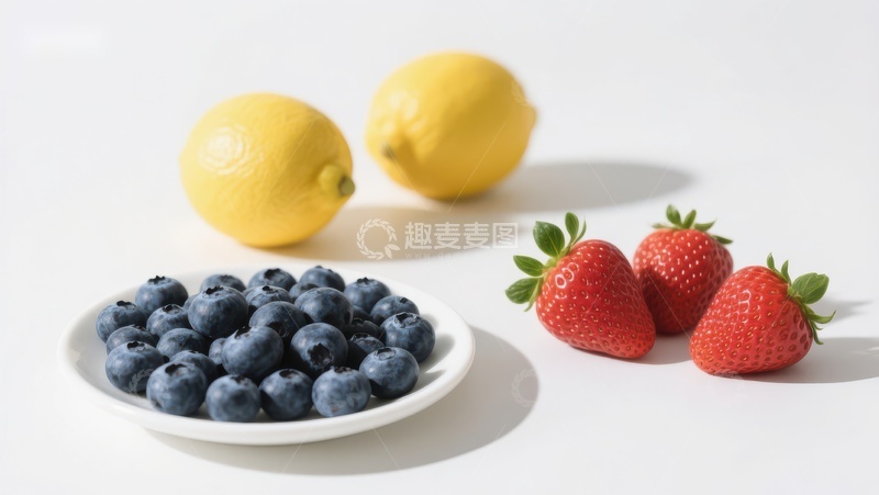 高清大图下载【趣麦麦图】新鲜水果组合：蓝莓、草莓与柠檬