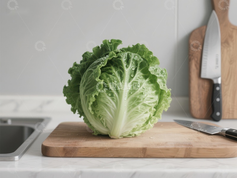 高清大图下载【趣麦麦图】新鲜生菜置于木质砧板上