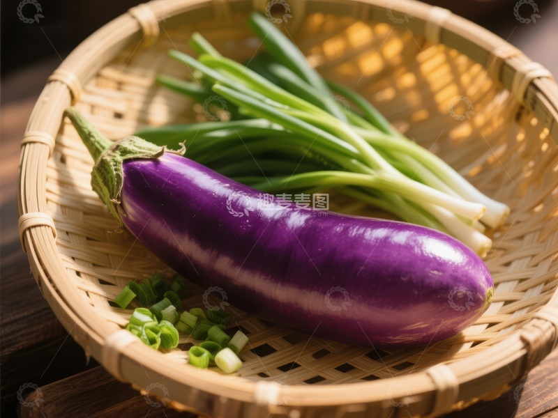 高清大图下载【趣麦麦图】紫茄子与青葱置于竹篮中