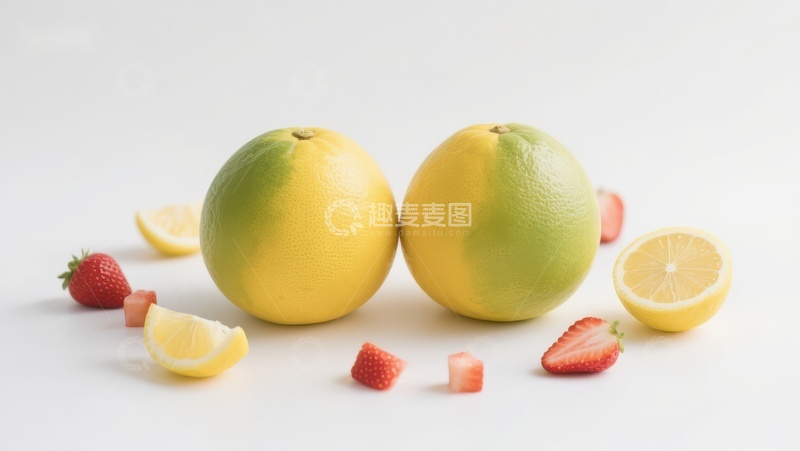 高清大图下载【趣麦麦图】新鲜水果组合：柚子、柠檬与草莓