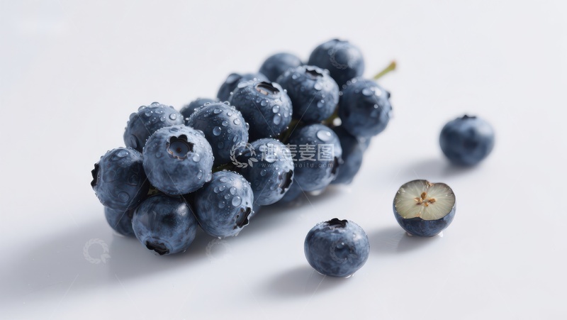 高清大图下载【趣麦麦图】新鲜蓝莓特写，水珠点缀