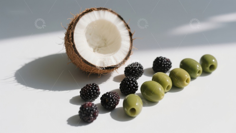 高清大图下载【趣麦麦图】椰子半壳与黑莓绿橄榄的静物组合