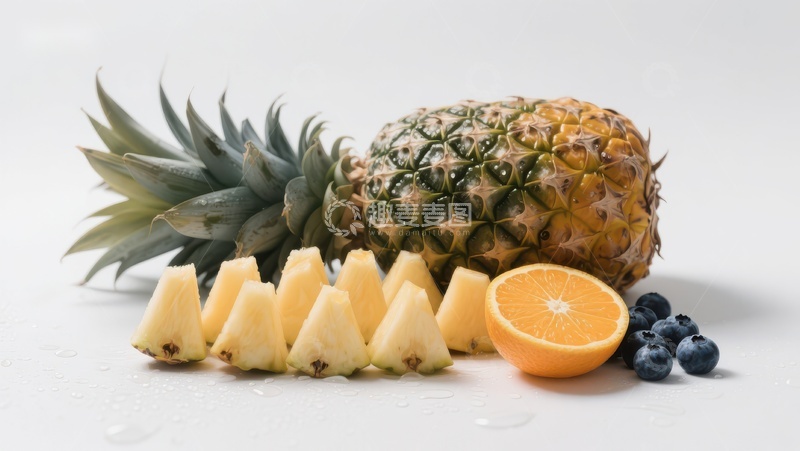高清大图下载【趣麦麦图】新鲜水果组合：菠萝、橙子与蓝莓