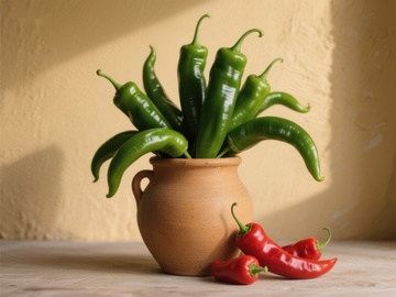 陶罐中的青椒与红椒