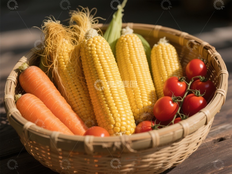 高清大图下载【趣麦麦图】新鲜蔬菜篮：玉米、胡萝卜与番茄
