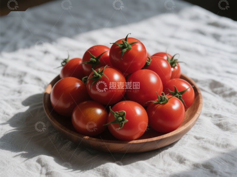 高清大图下载【趣麦麦图】新鲜樱桃番茄置于木质盘中
