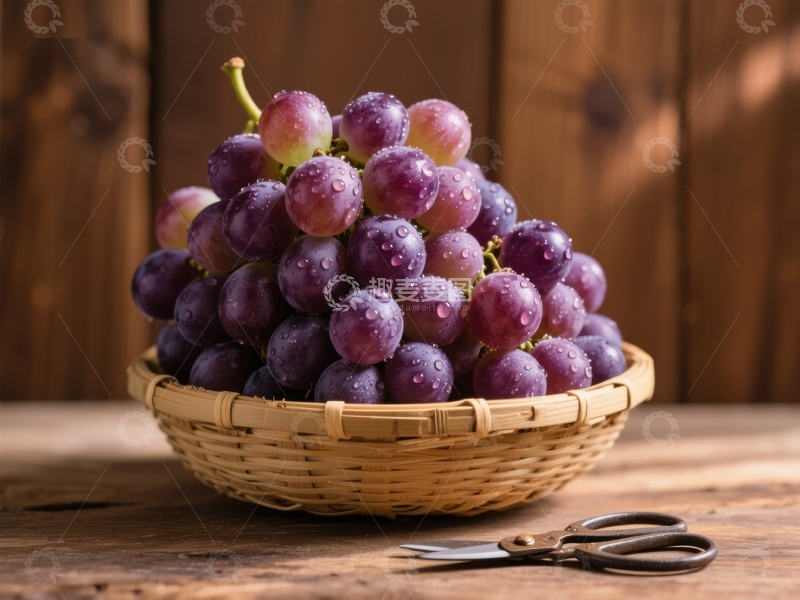 高清大图下载【趣麦麦图】新鲜葡萄置于竹篮中