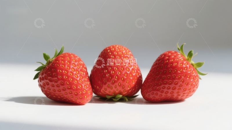 高清大图下载【趣麦麦图】三颗新鲜草莓并排摆放