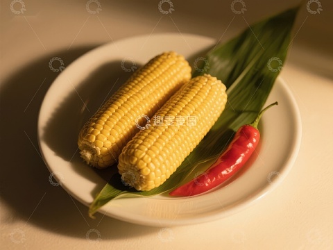 盘中玉米与红椒，绿叶点缀