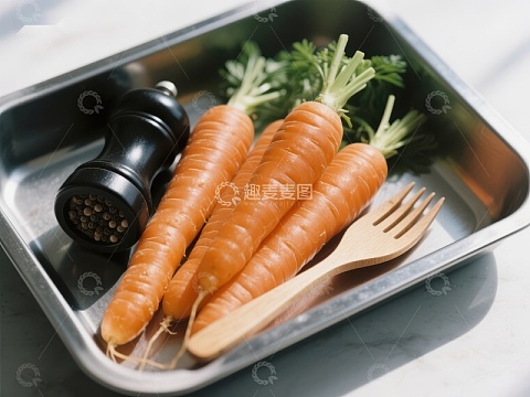 金属盘中的胡萝卜与餐具