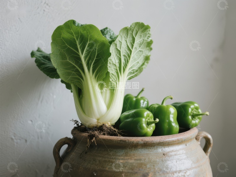 高清大图下载【趣麦麦图】青菜与青椒置于陶罐中