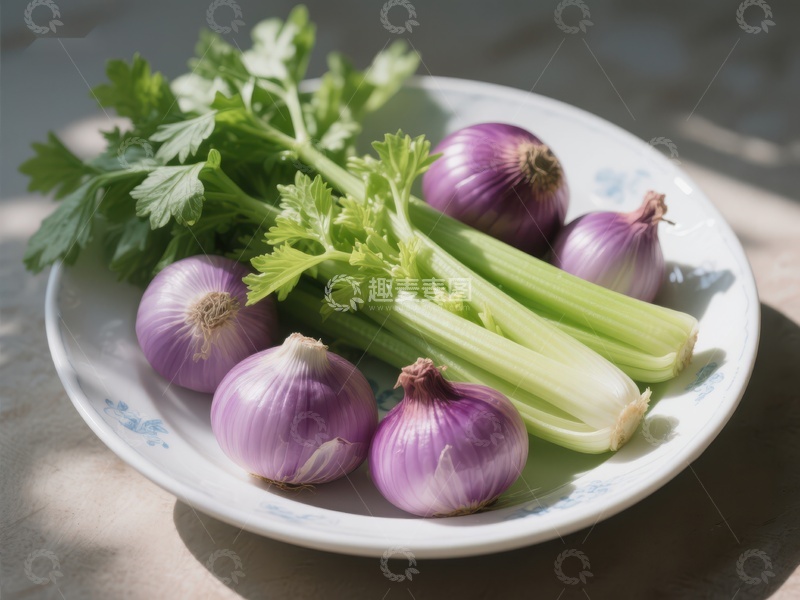 高清大图下载【趣麦麦图】新鲜洋葱与芹菜的静物组合