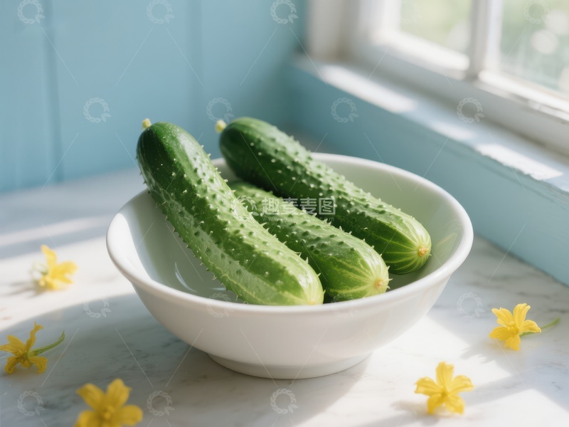高清大图下载【趣麦麦图】碗中新鲜黄瓜与窗边黄色小花