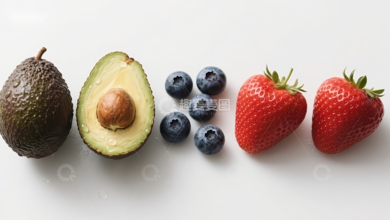 高清大图下载【趣麦麦图】新鲜水果排列：鳄梨、蓝莓与草莓
