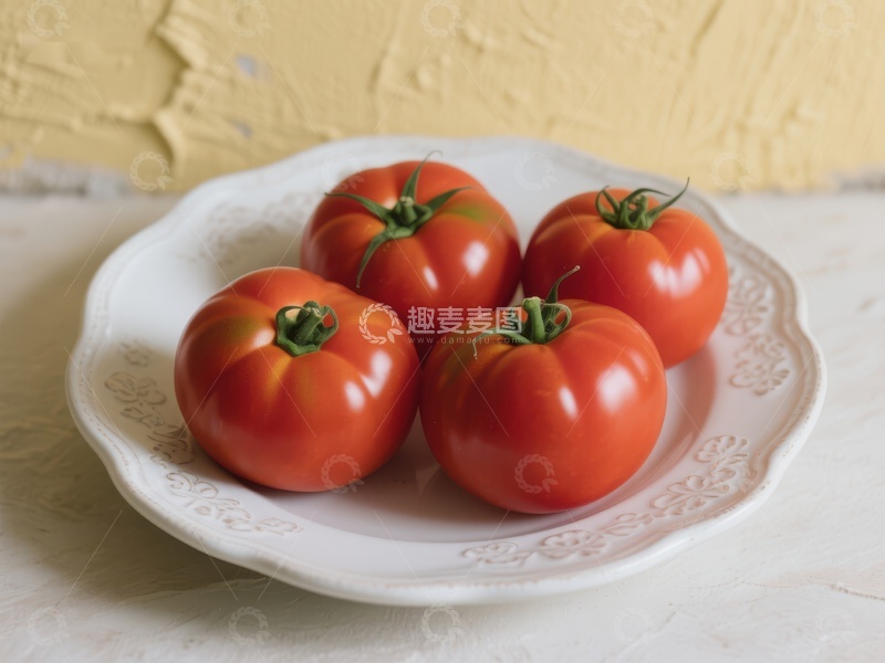 高清大图下载【趣麦麦图】四个新鲜番茄置于白色盘中