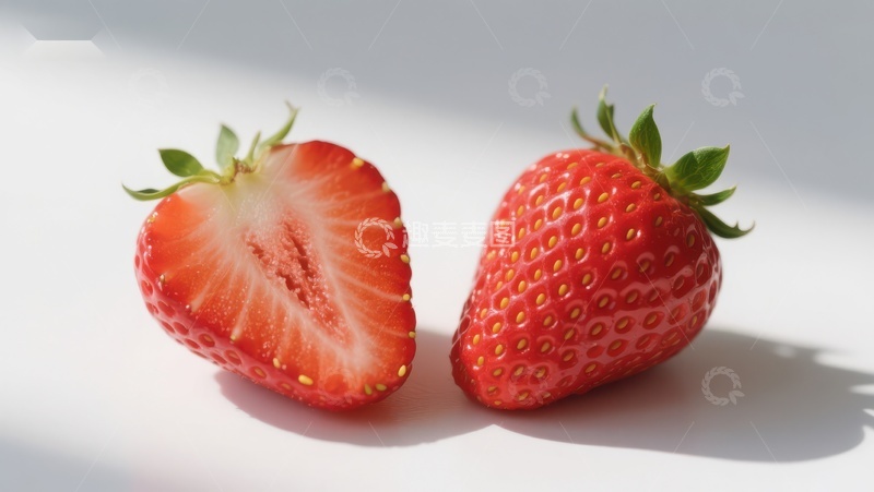 高清大图下载【趣麦麦图】新鲜草莓：一半与整体的对比