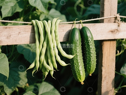 豆角与黄瓜悬挂于木架之上