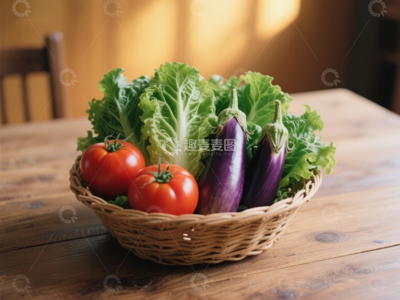 高清大图下载【趣麦麦图】新鲜蔬菜篮子置于木质桌面