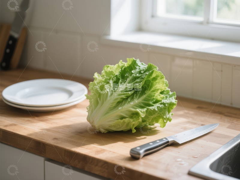 高清大图下载【趣麦麦图】厨房台面上的生菜与刀具