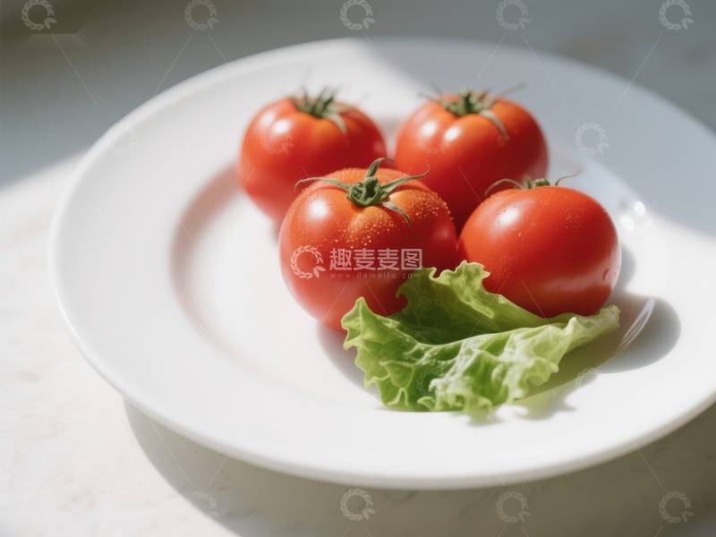 高清大图下载【趣麦麦图】新鲜番茄与生菜置于白色盘中