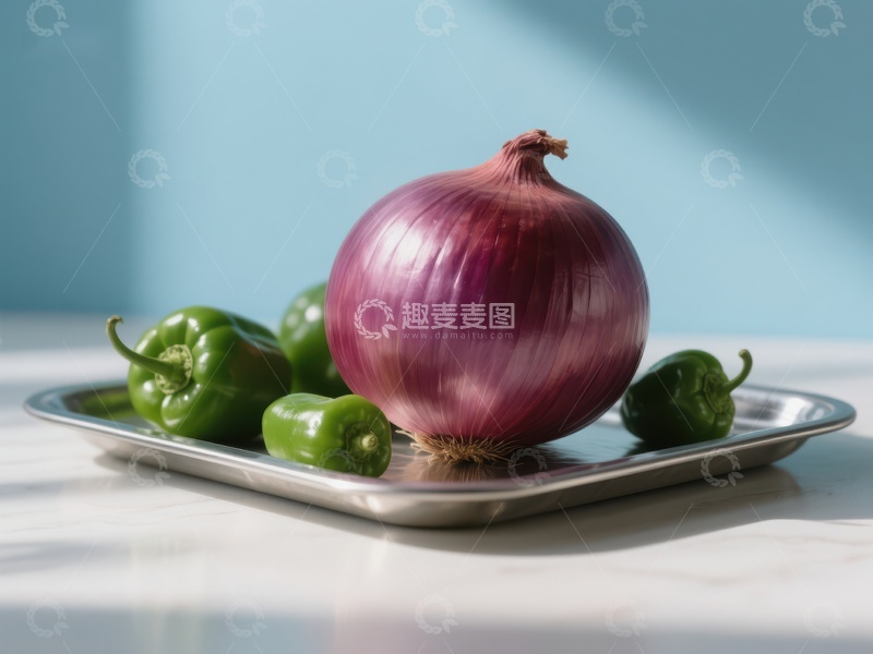 高清大图下载【趣麦麦图】红洋葱与青椒置于金属盘中