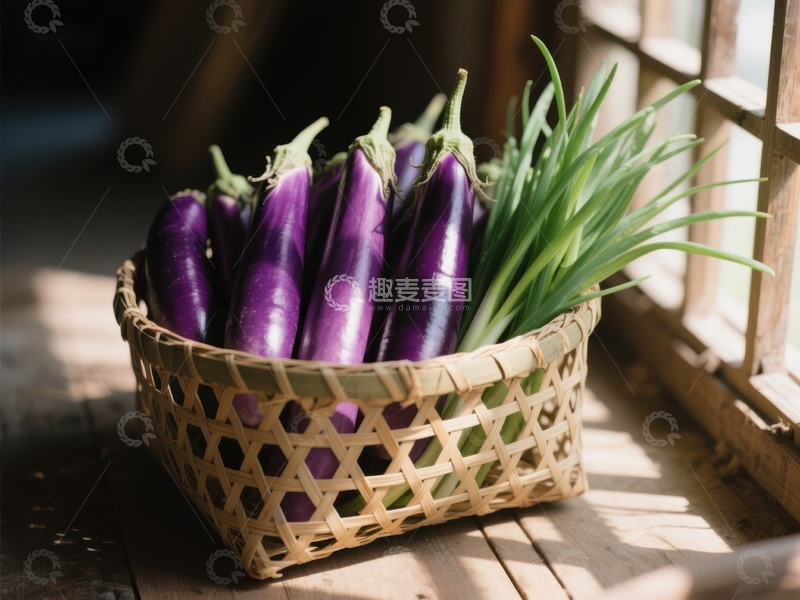 高清大图下载【趣麦麦图】竹篮中的茄子与葱
