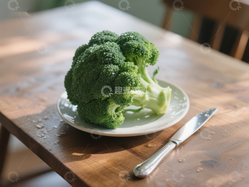 高清大图下载【趣麦麦图】新鲜西兰花置于木质餐桌