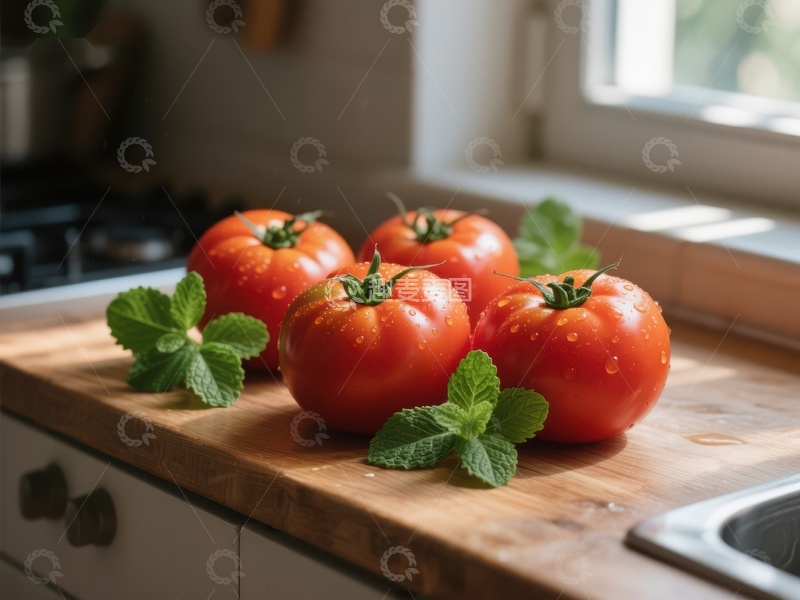 高清大图下载【趣麦麦图】新鲜番茄置于厨房木质台面上