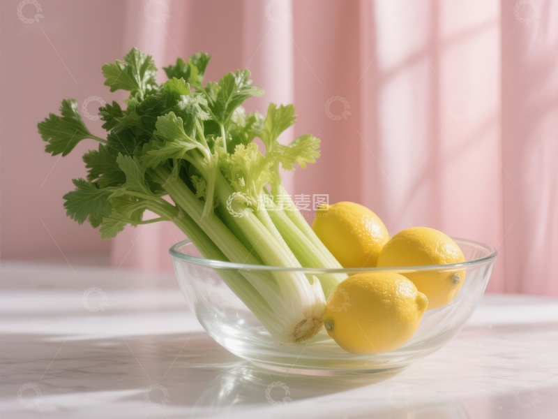 高清大图下载【趣麦麦图】芹菜与柠檬置于透明碗中