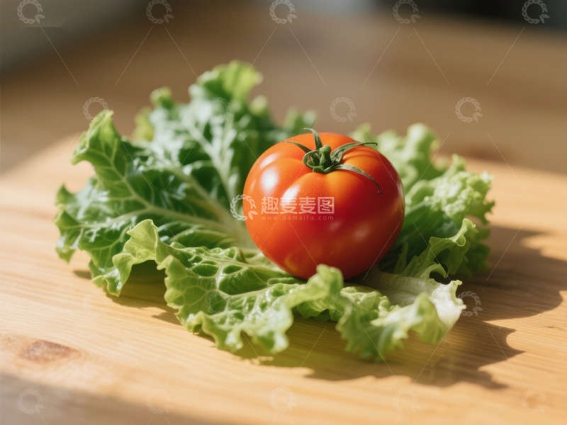 高清大图下载【趣麦麦图】新鲜番茄置于生菜之上