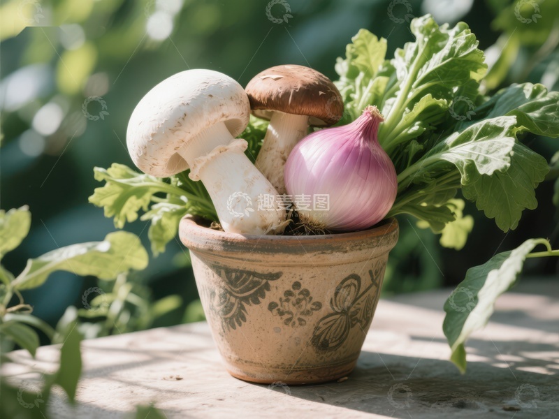 高清大图下载【趣麦麦图】盆栽中的蘑菇与洋葱