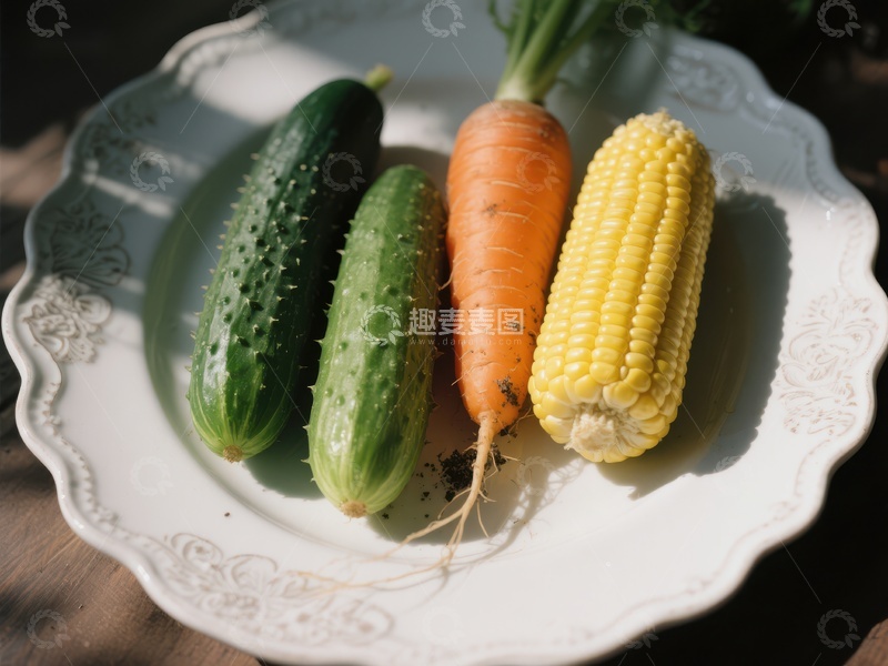 高清大图下载【趣麦麦图】盘中新鲜蔬菜：黄瓜、胡萝卜与玉米