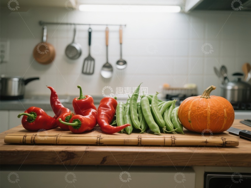 高清大图下载【趣麦麦图】厨房台面上的蔬菜与南瓜