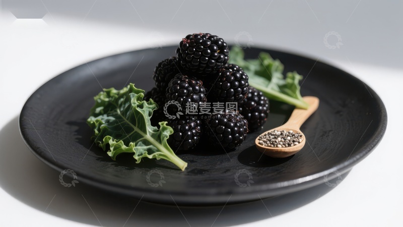 高清大图下载【趣麦麦图】黑盘上的黑莓、羽衣甘蓝与奇亚籽