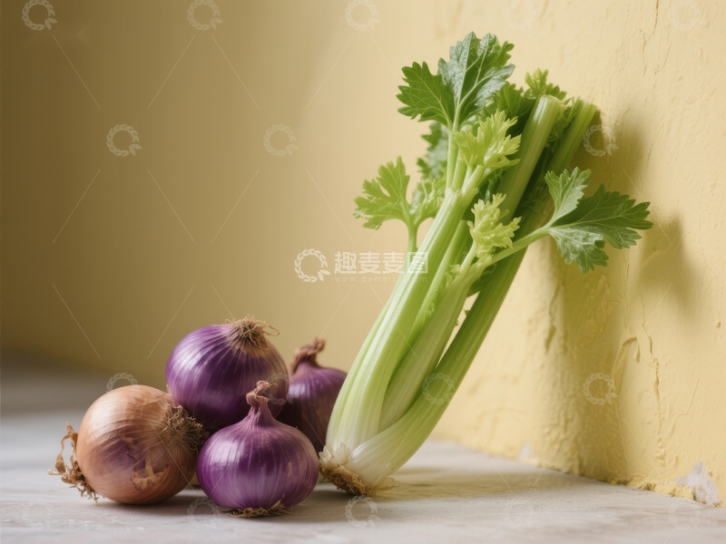 高清大图下载【趣麦麦图】新鲜芹菜与洋葱静物组合
