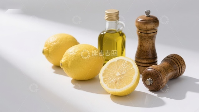 柠檬、橄榄油与胡椒磨具的静物组合