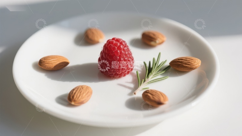 高清大图下载【趣麦麦图】白盘上的覆盆子与杏仁