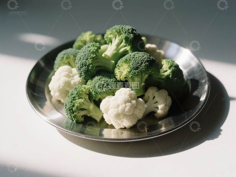 高清大图下载【趣麦麦图】新鲜西兰花与花椰菜的银盘盛放