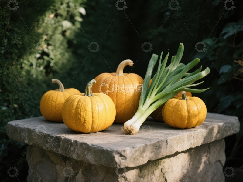 高清大图下载【趣麦麦图】石台上摆放的南瓜与葱