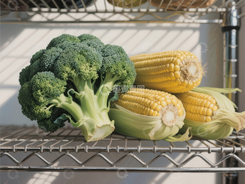 高清大图下载【趣麦麦图】新鲜西兰花与玉米置于金属货架
