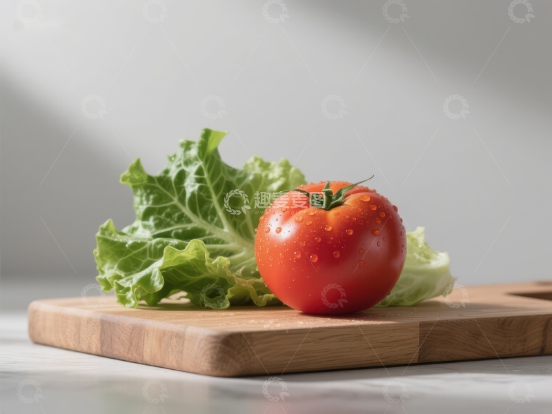 高清大图下载【趣麦麦图】新鲜番茄与生菜置于木制砧板上