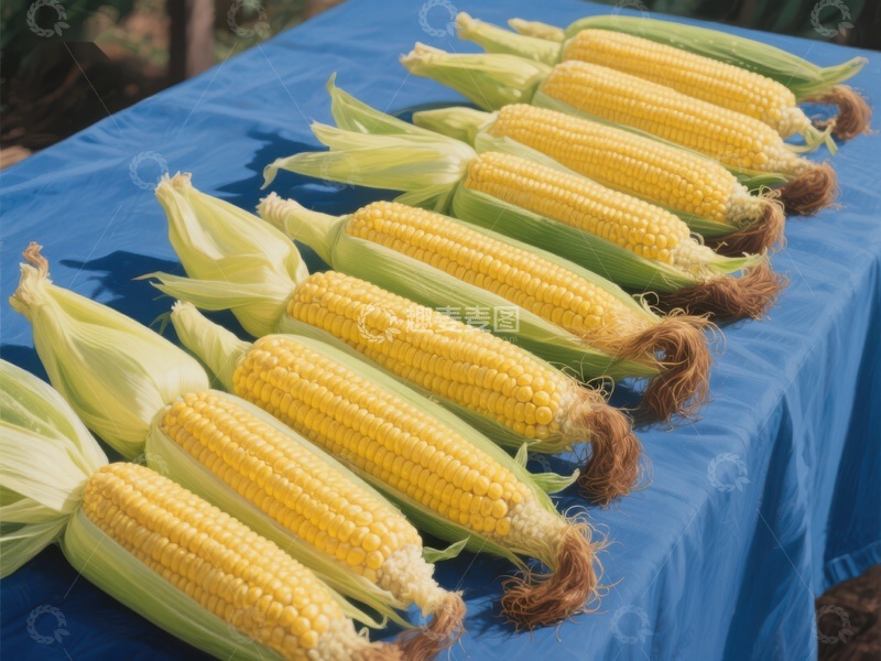高清大图下载【趣麦麦图】新鲜玉米整齐排列在蓝色桌布上