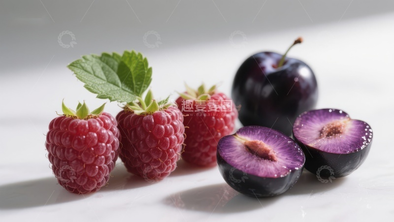 高清大图下载【趣麦麦图】新鲜覆盆子与李子的静物组合