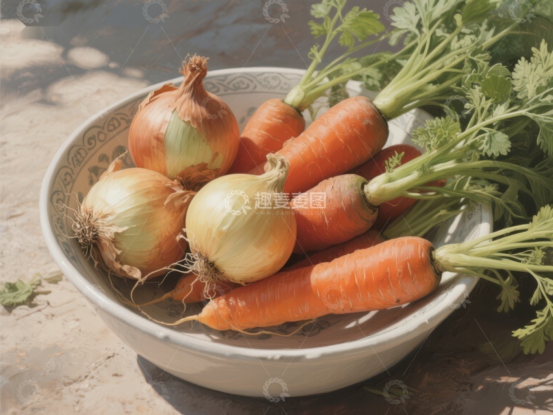 高清大图下载【趣麦麦图】新鲜洋葱与胡萝卜置于碗中