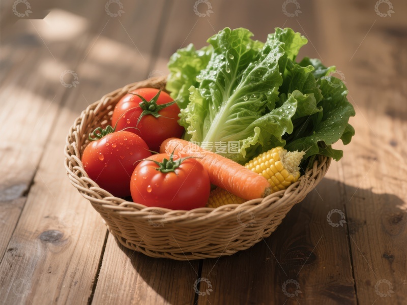 高清大图下载【趣麦麦图】新鲜蔬菜篮子置于木质桌面